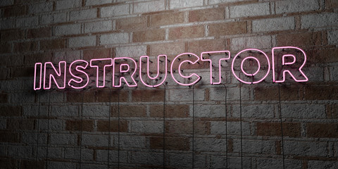 INSTRUCTOR - Glowing Neon Sign on stonework wall - 3D rendered royalty free stock illustration.  Can be used for online banner ads and direct mailers..