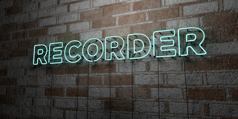 RECORDER - Glowing Neon Sign on stonework wall - 3D rendered royalty free stock illustration.  Can be used for online banner ads and direct mailers..