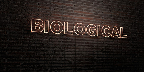 BIOLOGICAL -Realistic Neon Sign on Brick Wall background - 3D rendered royalty free stock image. Can be used for online banner ads and direct mailers..