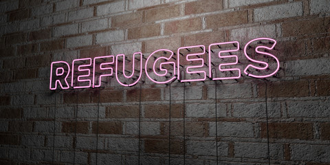 REFUGEES - Glowing Neon Sign on stonework wall - 3D rendered royalty free stock illustration.  Can be used for online banner ads and direct mailers..