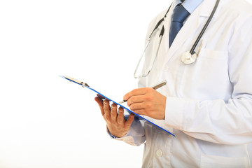 Doctor holding a clipboard on white background