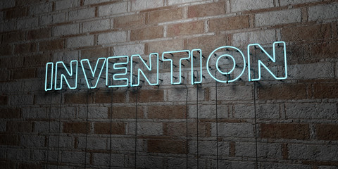 INVENTION - Glowing Neon Sign on stonework wall - 3D rendered royalty free stock illustration.  Can be used for online banner ads and direct mailers..