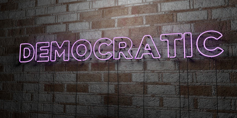 DEMOCRATIC - Glowing Neon Sign on stonework wall - 3D rendered royalty free stock illustration.  Can be used for online banner ads and direct mailers..
