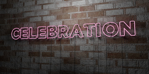 CELEBRATION - Glowing Neon Sign on stonework wall - 3D rendered royalty free stock illustration.  Can be used for online banner ads and direct mailers..