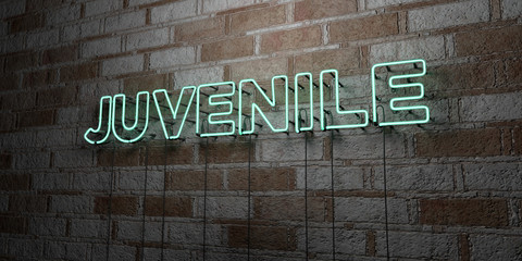 JUVENILE - Glowing Neon Sign on stonework wall - 3D rendered royalty free stock illustration.  Can be used for online banner ads and direct mailers..