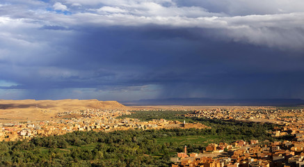 View city of Tinghir city and oasis. The city is at the center of Todra Valley between the High Atlas and the Jebel Sahro. Morocco