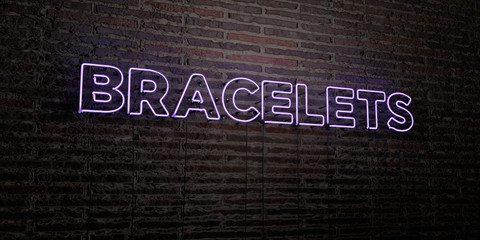 BRACELETS -Realistic Neon Sign on Brick Wall background - 3D rendered royalty free stock image. Can be used for online banner ads and direct mailers..