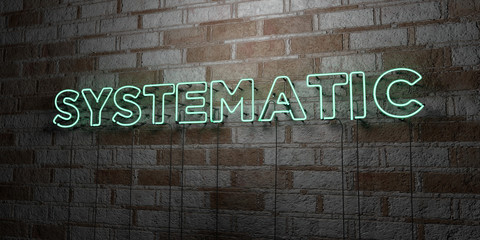 SYSTEMATIC - Glowing Neon Sign on stonework wall - 3D rendered royalty free stock illustration.  Can be used for online banner ads and direct mailers..