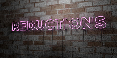 REDUCTIONS - Glowing Neon Sign on stonework wall - 3D rendered royalty free stock illustration.  Can be used for online banner ads and direct mailers..