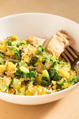 Japanese cuisine, fish and egg fried rice with grilled chicken