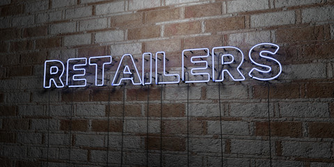 RETAILERS - Glowing Neon Sign on stonework wall - 3D rendered royalty free stock illustration.  Can be used for online banner ads and direct mailers..