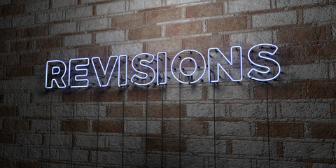 REVISIONS - Glowing Neon Sign on stonework wall - 3D rendered royalty free stock illustration.  Can be used for online banner ads and direct mailers..