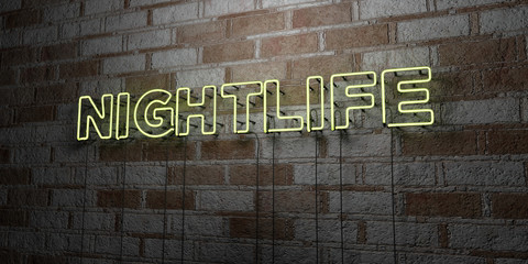 NIGHTLIFE - Glowing Neon Sign on stonework wall - 3D rendered royalty free stock illustration.  Can be used for online banner ads and direct mailers..