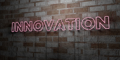 INNOVATION - Glowing Neon Sign on stonework wall - 3D rendered royalty free stock illustration.  Can be used for online banner ads and direct mailers..
