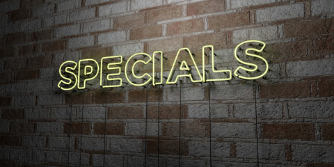 SPECIALS - Glowing Neon Sign on stonework wall - 3D rendered royalty free stock illustration.  Can be used for online banner ads and direct mailers..