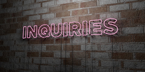 INQUIRIES - Glowing Neon Sign on stonework wall - 3D rendered royalty free stock illustration.  Can be used for online banner ads and direct mailers..