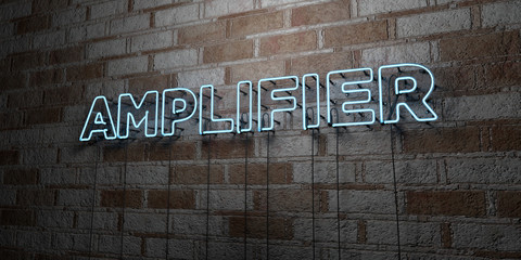 Fototapeta na wymiar AMPLIFIER - Glowing Neon Sign on stonework wall - 3D rendered royalty free stock illustration. Can be used for online banner ads and direct mailers..
