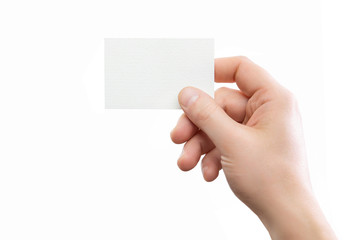 Fototapeta premium Male hand holding business card at isolated background mockup