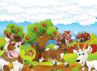 Cartoon farm happy scene with running horse dog and standing cow and goat - illustration for children