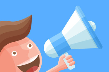 Cartoon businessman character with megaphone. Business vector illustration