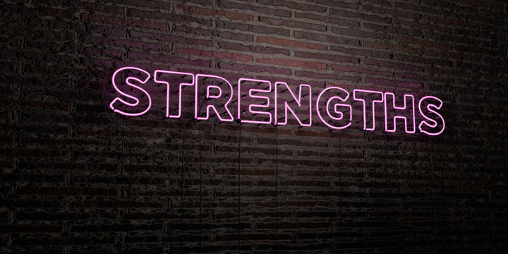 STRENGTHS -Realistic Neon Sign on Brick Wall background - 3D rendered royalty free stock image. Can be used for online banner ads and direct mailers..