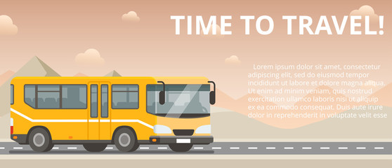 Time to travel. Flat vector yellow bus goes on the highway in the desert. 
