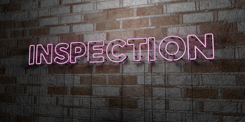 INSPECTION - Glowing Neon Sign on stonework wall - 3D rendered royalty free stock illustration.  Can be used for online banner ads and direct mailers..
