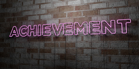 ACHIEVEMENT - Glowing Neon Sign on stonework wall - 3D rendered royalty free stock illustration.  Can be used for online banner ads and direct mailers..