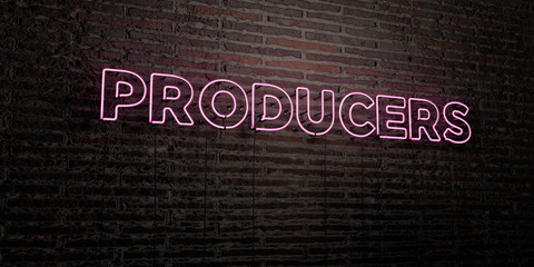 PRODUCERS -Realistic Neon Sign on Brick Wall background - 3D rendered royalty free stock image. Can be used for online banner ads and direct mailers..