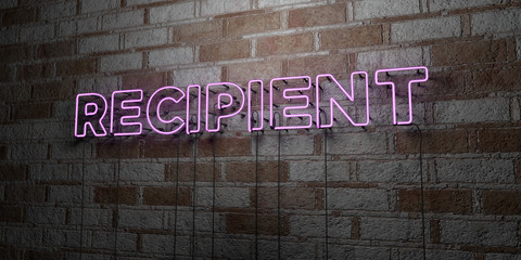 RECIPIENT - Glowing Neon Sign on stonework wall - 3D rendered royalty free stock illustration.  Can be used for online banner ads and direct mailers..