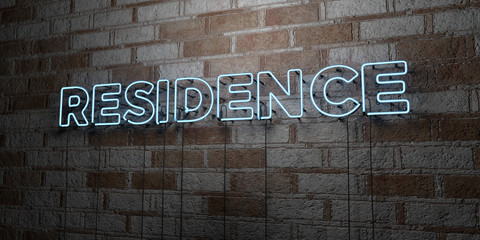 RESIDENCE - Glowing Neon Sign on stonework wall - 3D rendered royalty free stock illustration.  Can be used for online banner ads and direct mailers..