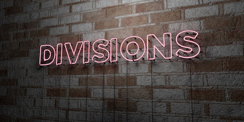 DIVISIONS - Glowing Neon Sign on stonework wall - 3D rendered royalty free stock illustration.  Can be used for online banner ads and direct mailers..