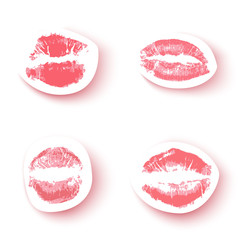 Red lips print on white paper with realistic shadow