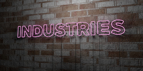 INDUSTRIES - Glowing Neon Sign on stonework wall - 3D rendered royalty free stock illustration.  Can be used for online banner ads and direct mailers..