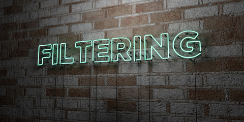 Fototapeta na wymiar FILTERING - Glowing Neon Sign on stonework wall - 3D rendered royalty free stock illustration. Can be used for online banner ads and direct mailers..