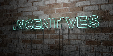 INCENTIVES - Glowing Neon Sign on stonework wall - 3D rendered royalty free stock illustration.  Can be used for online banner ads and direct mailers..