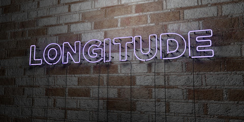LONGITUDE - Glowing Neon Sign on stonework wall - 3D rendered royalty free stock illustration.  Can be used for online banner ads and direct mailers..