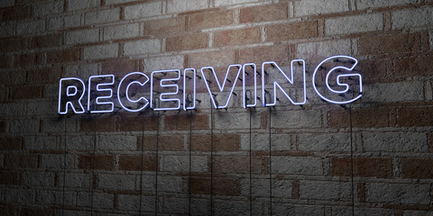 RECEIVING - Glowing Neon Sign on stonework wall - 3D rendered royalty free stock illustration.  Can be used for online banner ads and direct mailers..