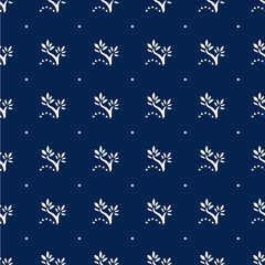 Fototapeta na wymiar Navy Blue Floral Seamless Pattern with Polka Dots