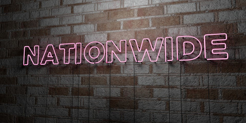 NATIONWIDE - Glowing Neon Sign on stonework wall - 3D rendered royalty free stock illustration.  Can be used for online banner ads and direct mailers..