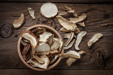 Dried mushrooms in wooden bowl.