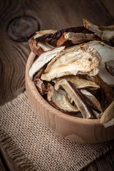 Dried mushrooms in wooden bowl.