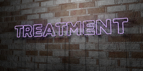 TREATMENT - Glowing Neon Sign on stonework wall - 3D rendered royalty free stock illustration.  Can be used for online banner ads and direct mailers..
