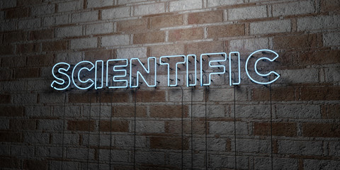 SCIENTIFIC - Glowing Neon Sign on stonework wall - 3D rendered royalty free stock illustration.  Can be used for online banner ads and direct mailers..