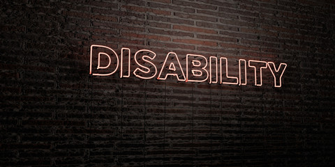 DISABILITY -Realistic Neon Sign on Brick Wall background - 3D rendered royalty free stock image. Can be used for online banner ads and direct mailers..