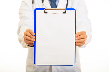 Doctor holding a clipboard on white background