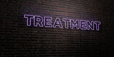 TREATMENT -Realistic Neon Sign on Brick Wall background - 3D rendered royalty free stock image. Can be used for online banner ads and direct mailers..