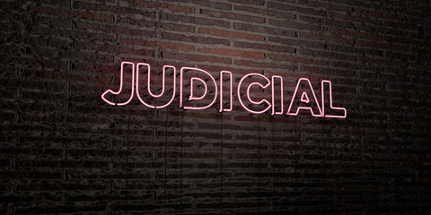 JUDICIAL -Realistic Neon Sign on Brick Wall background - 3D rendered royalty free stock image. Can be used for online banner ads and direct mailers..