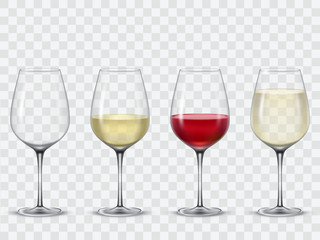 Set transparent vector wine glasses - obrazy, fototapety, plakaty