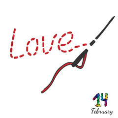 Embroidered inscription is love with needle and thread